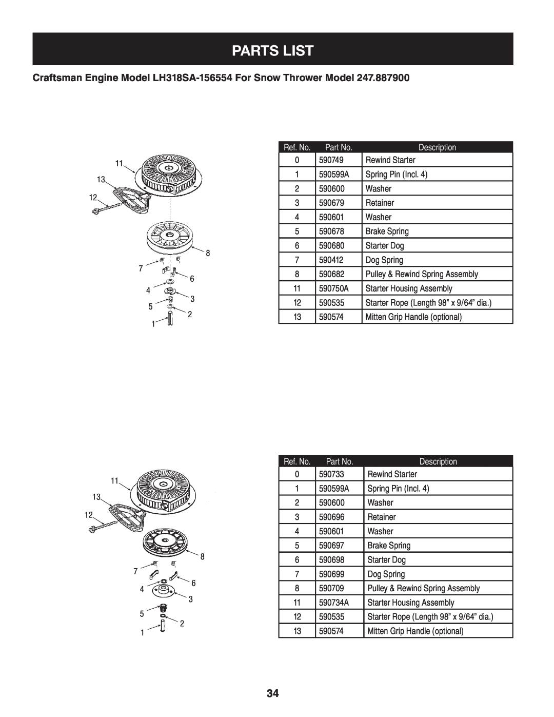 Sears 247.8879 Parts List, Craftsman Engine Model LH318SA-156554 For Snow Thrower Model, Description, Rewind Starter 