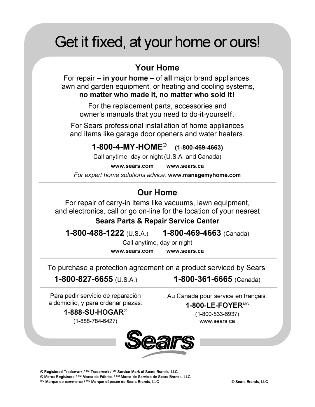 Sears 247.8879 Sears Parts & Repair Service Center, Su-Hogar, Le-Foyermc, Get it fixed, at your home or ours, Your Home 