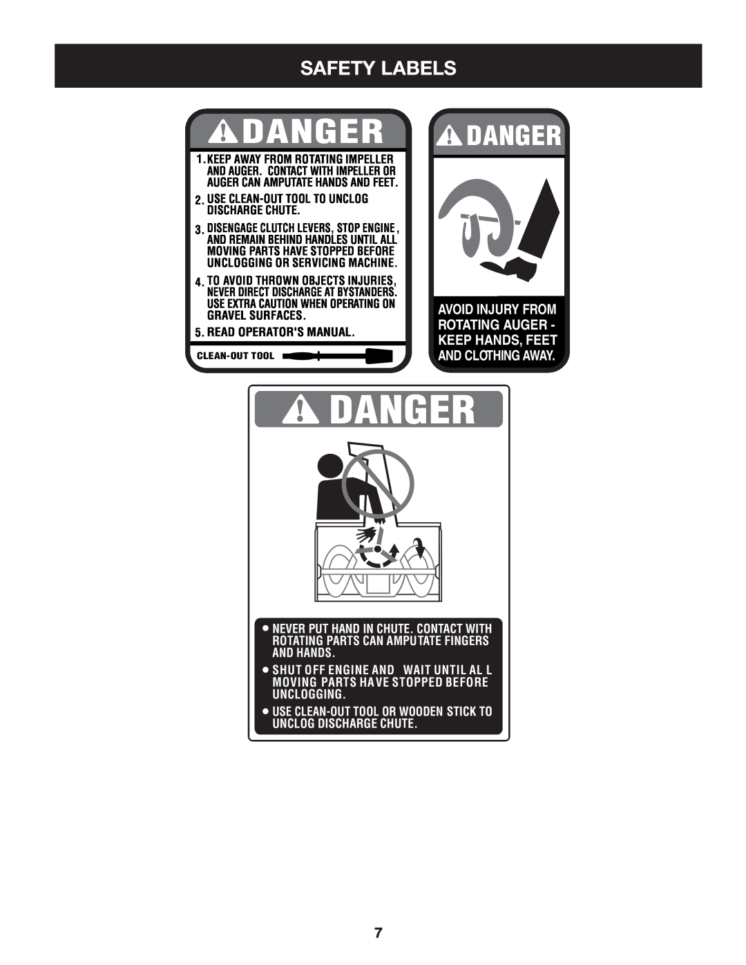 Sears 247.8879 Safety Labels, Danger, Read Operators Manual, Use Clean-Out Tool Or Wooden Stick To Unclog Discharge Chute 