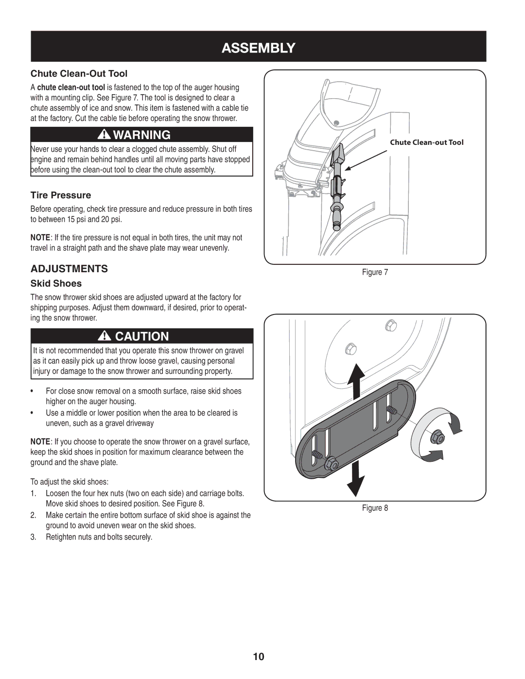 Sears 247.8879 Adjustments, Chute Clean-Out Tool, Tire Pressure, Skid Shoes, Retighten nuts and bolts securely 