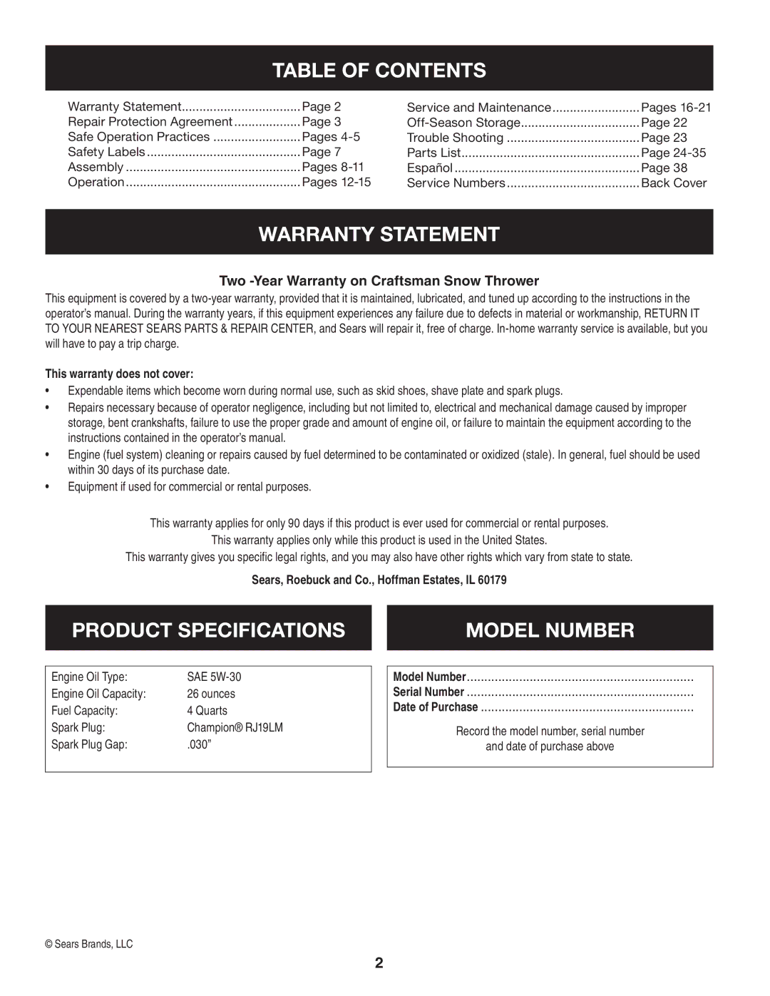 Sears 247.8879 operating instructions Table of Contents, Warranty Statement, Product Specifications Model Number 