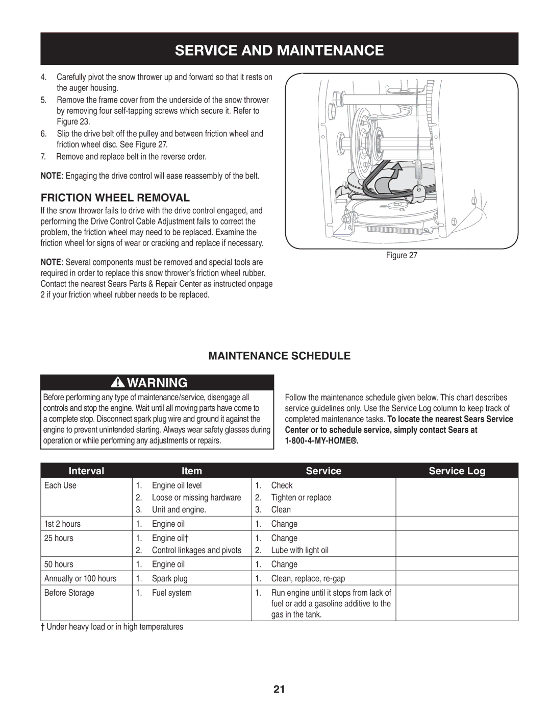 Sears 247.8879 operating instructions Friction Wheel Removal, Each Use Engine oil level Check 