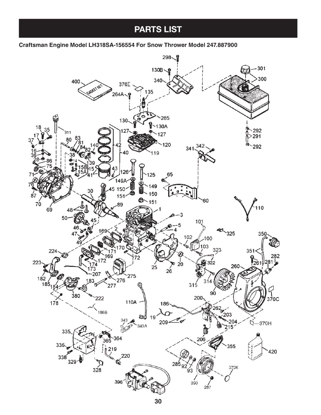 Sears 247.8879 operating instructions Craftsman Engine Model LH318SA-156554 For Snow Thrower Model 