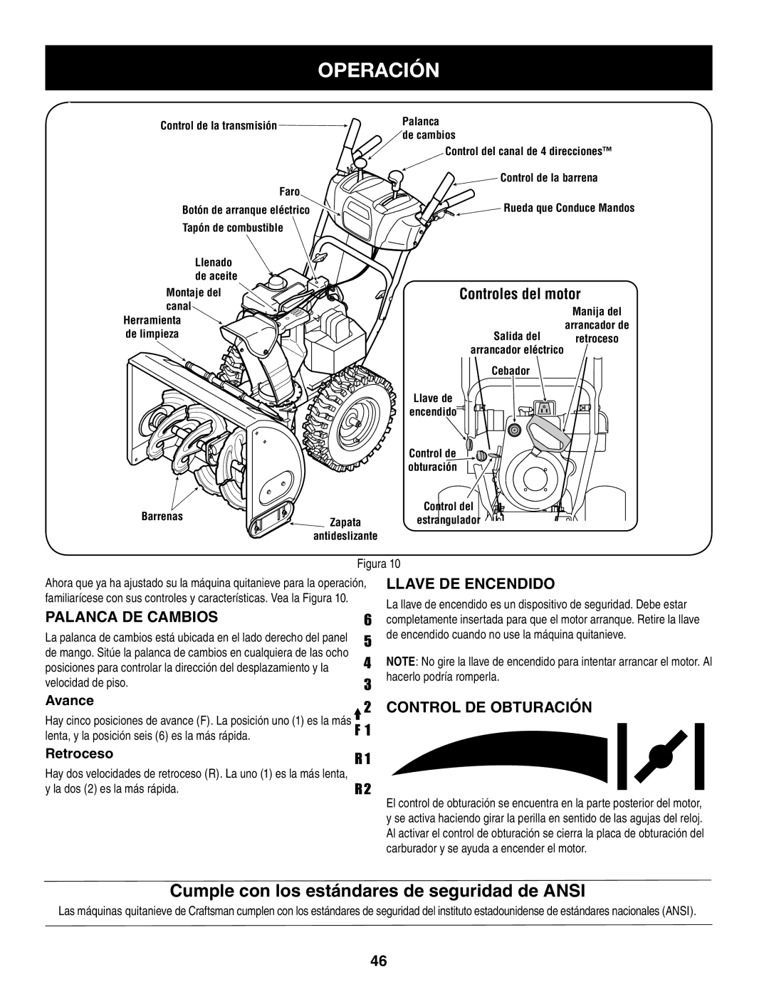 Sears 247.8879 Operación, Controles del motor, Palanca de cambios, Llave de encendido, Control de obturación 