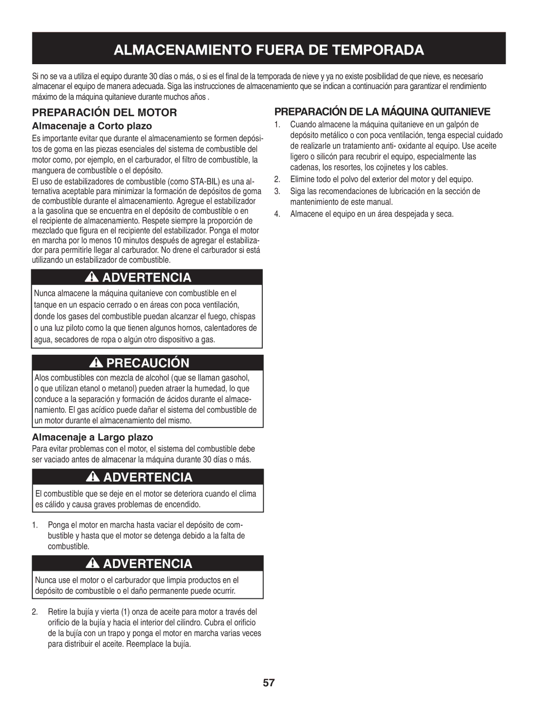 Sears 247.8879 Almacenamiento Fuera DE Temporada, Preparación del motor, Preparación de la máquina quitanieve 