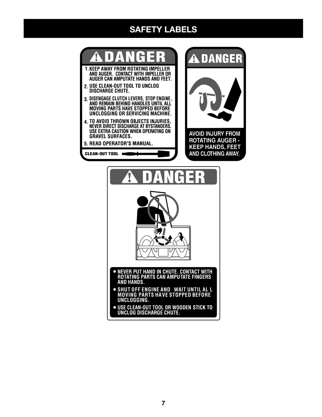 Sears 247.8879 operating instructions Safety Labels, USE CLEAN-OUT Tool to Unclog Discharge Chute 