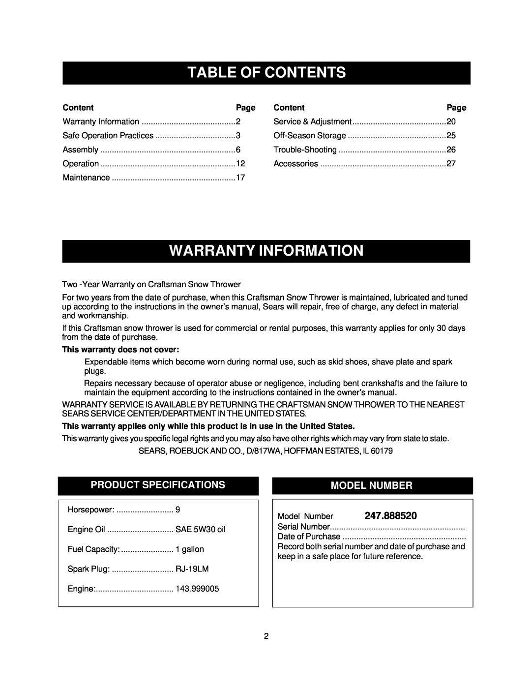 Sears owner manual Table Of Contents, Warranty Information, Product Specifications, Model Number, 247.888520, Page 