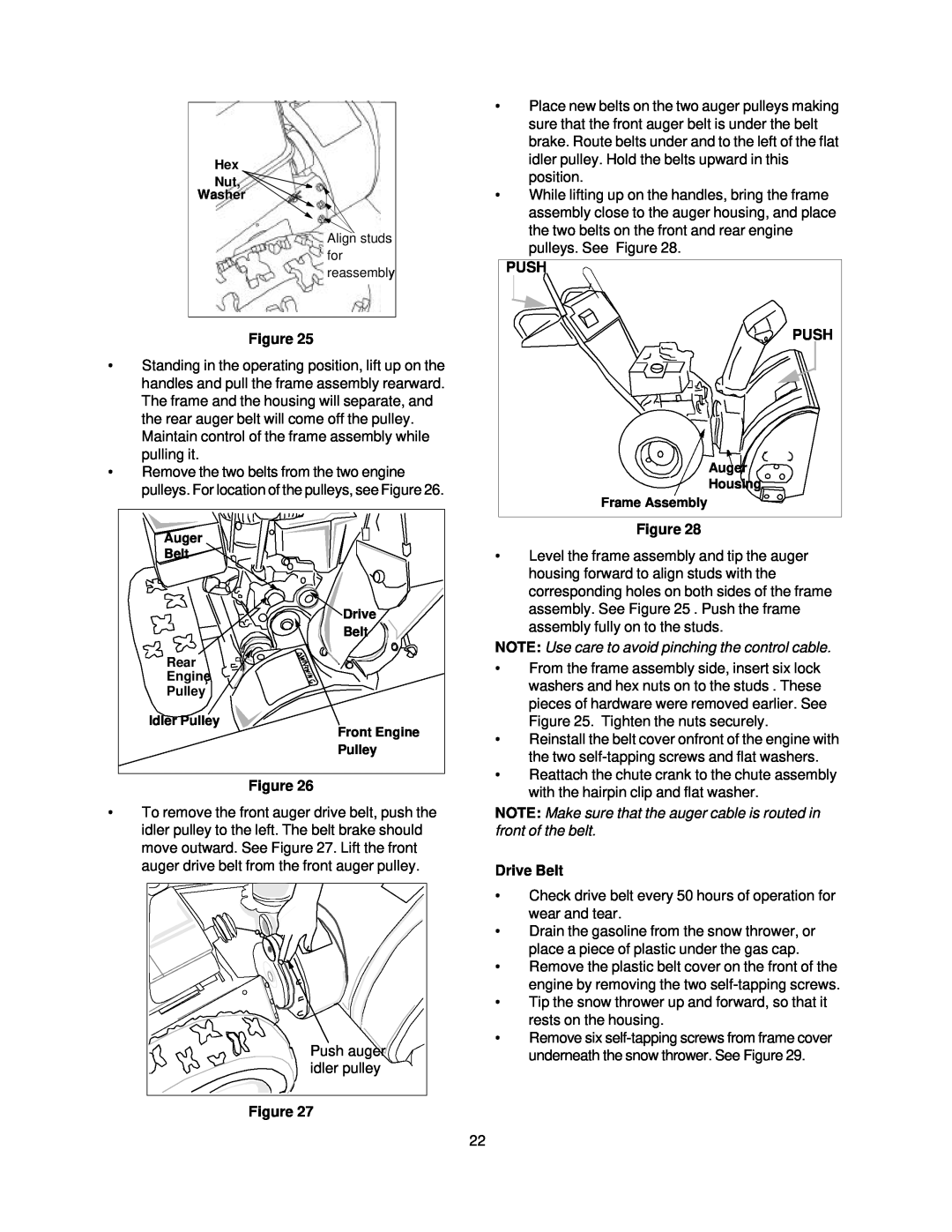 Sears 247.88852 owner manual Push, NOTE Use care to avoid pinching the control cable, Drive Belt 