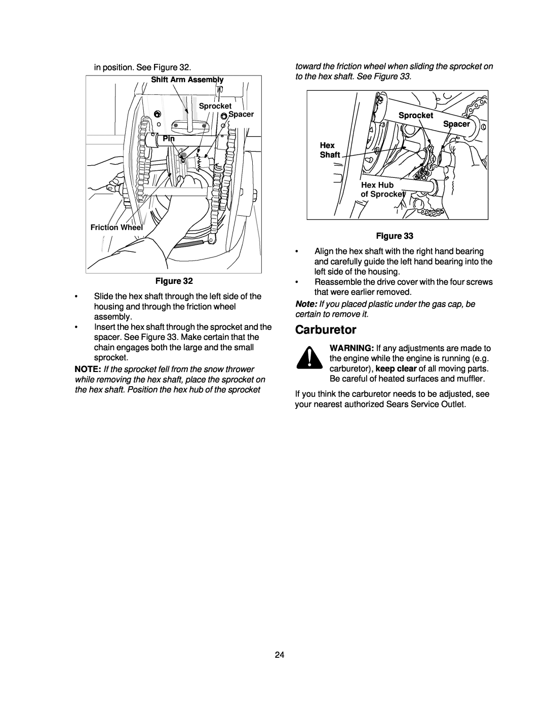 Sears 247.88852 owner manual Carburetor, Note If you placed plastic under the gas cap, be certain to remove it 