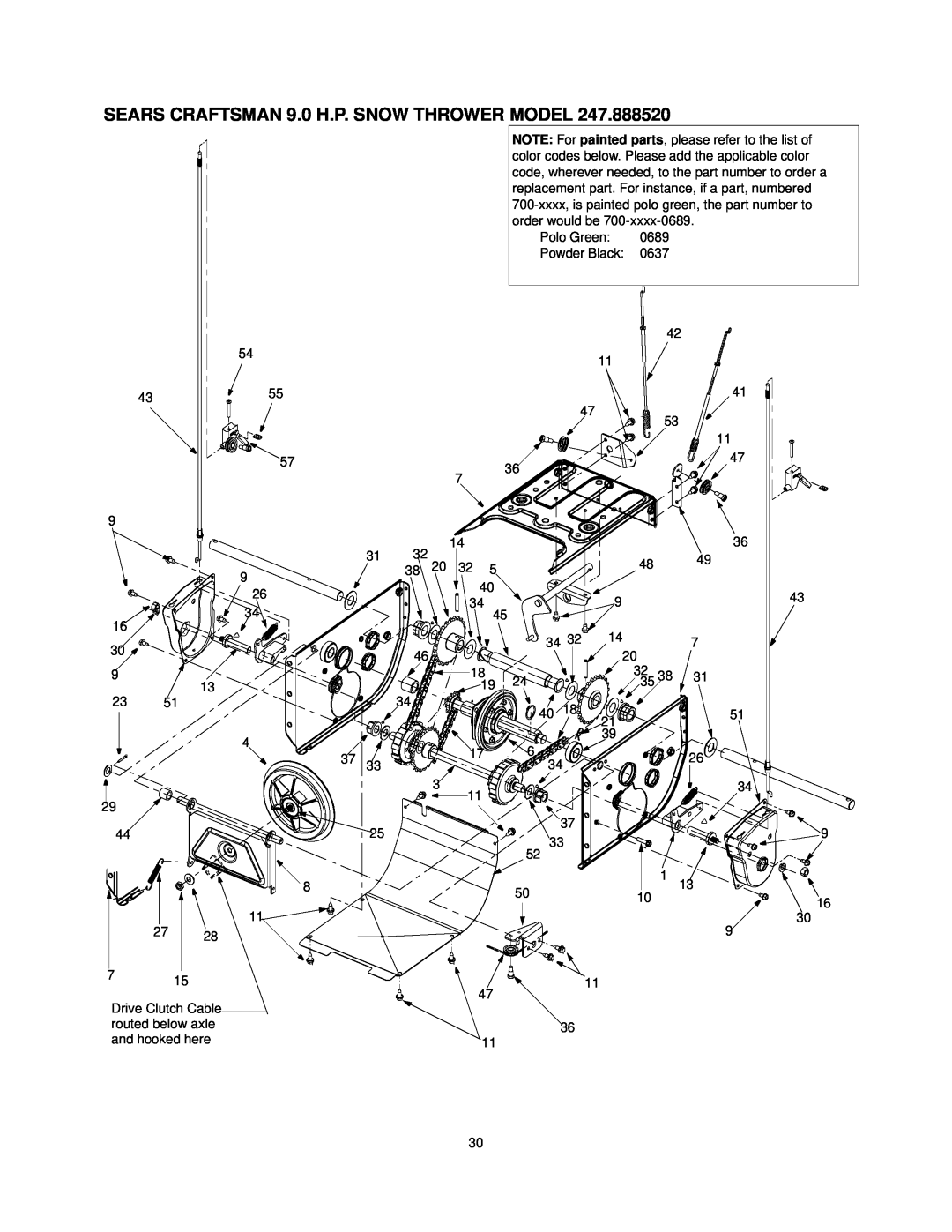 Sears 247.88852 SEARS CRAFTSMAN 9.0 H.P. SNOW THROWER MODEL, Drive Clutch Cable routed below axle and hooked here 