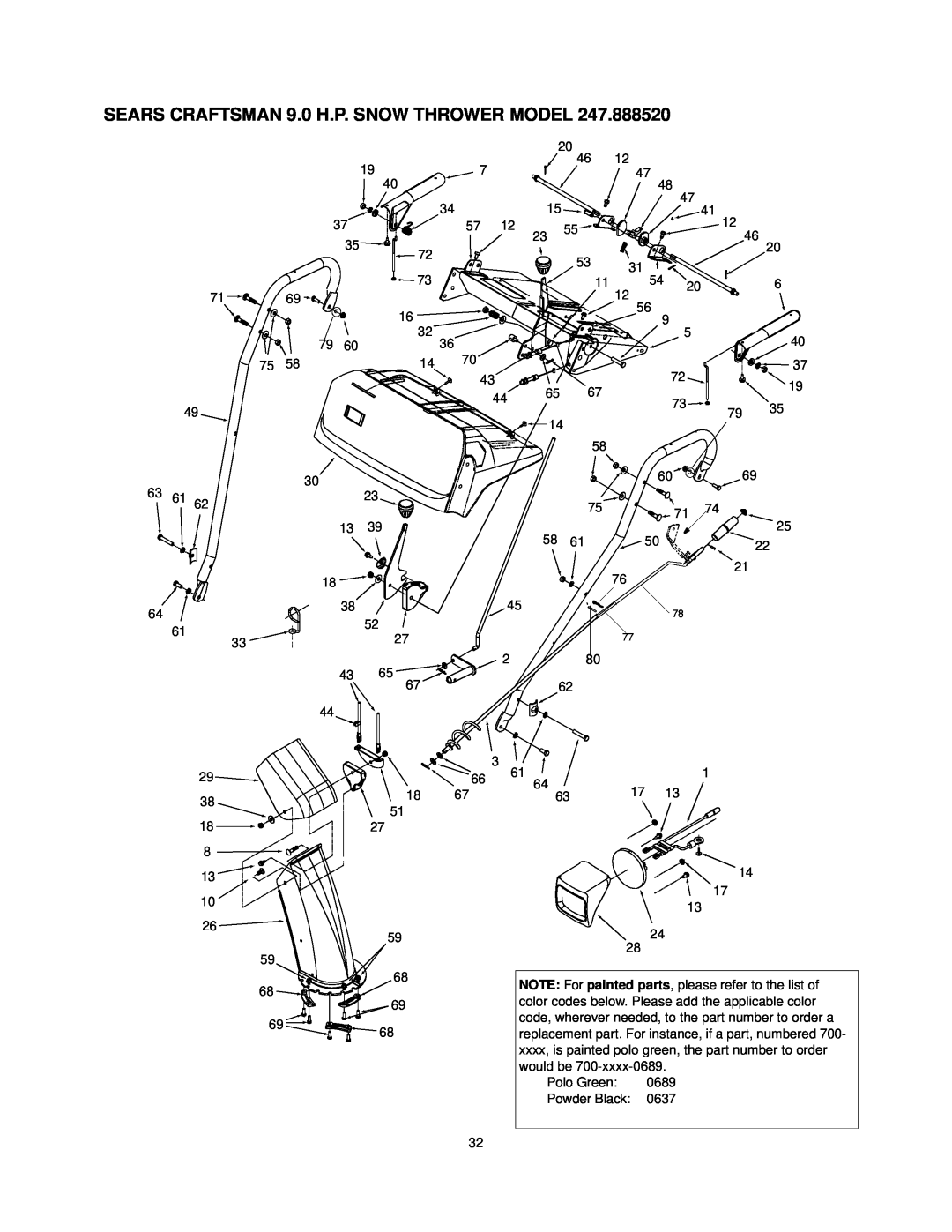 Sears 247.88852 SEARS CRAFTSMAN 9.0 H.P. SNOW THROWER MODEL, NOTE For painted parts, please refer to the list of 