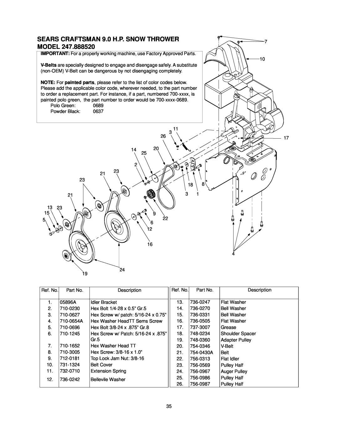 Sears 247.88852 owner manual SEARS CRAFTSMAN 9.0 H.P. SNOW THROWER MODEL 