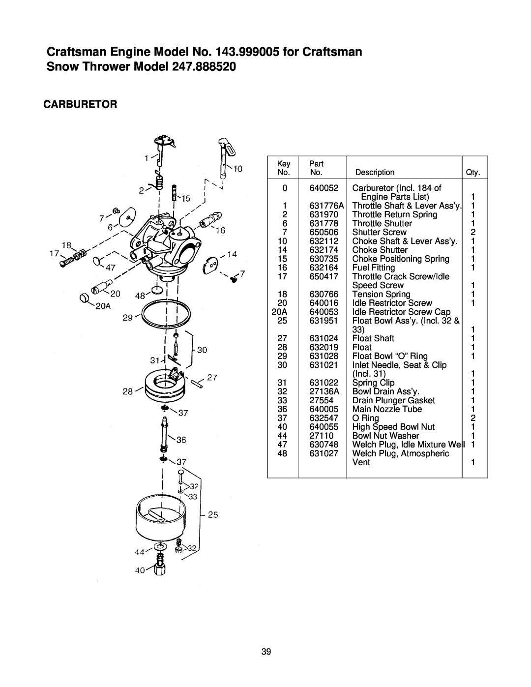 Sears 247.88852 owner manual Craftsman Engine Model No. 143.999005 for Craftsman, Snow Thrower Model, Carburetor 