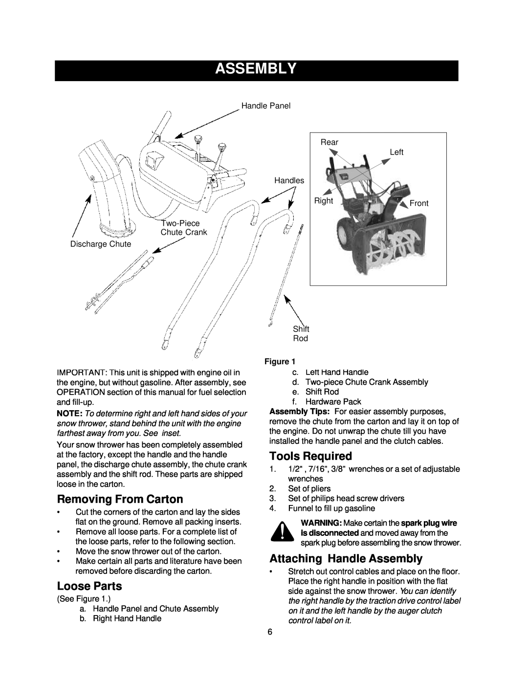Sears 247.88852 owner manual Removing From Carton, Loose Parts, Tools Required, Attaching Handle Assembly 
