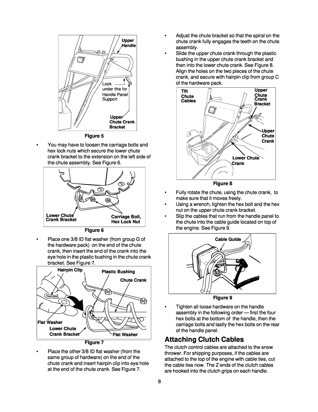 Sears 247.88852 owner manual Attaching Clutch Cables, Lower Chute, Crank Bracket, Hex Lock Nut 