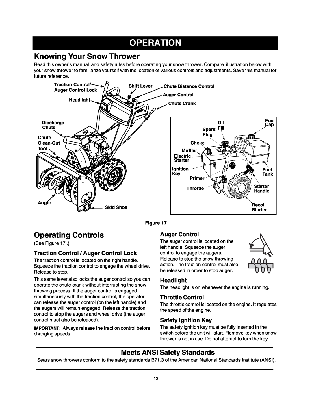 Sears 247.88853 Operation, Knowing Your Snow Thrower, Operating Controls, Meets ANSI Safety Standards, Auger Control 