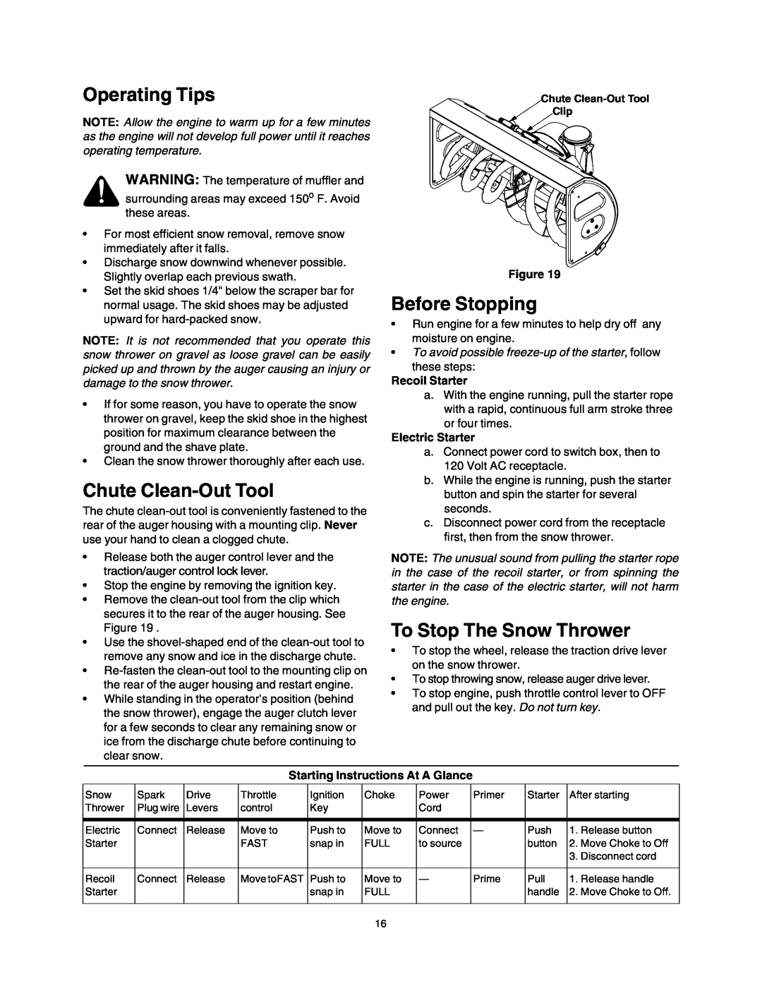 Sears 247.88853 owner manual Operating Tips, Before Stopping, To Stop The Snow Thrower, Chute Clean-Out Tool 