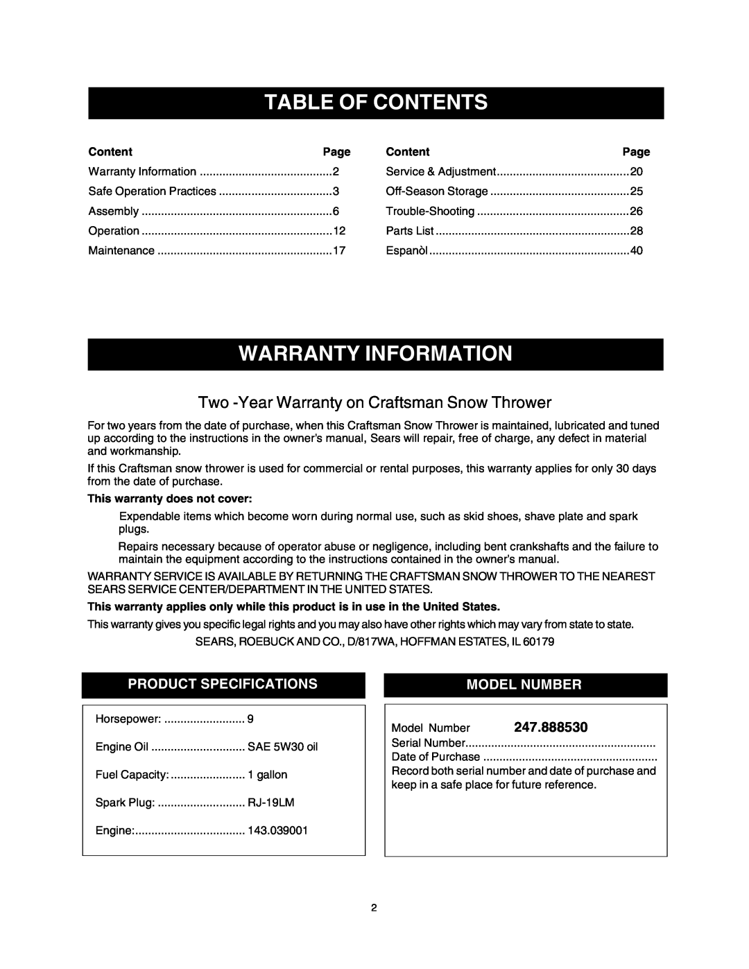 Sears owner manual Table Of Contents, Warranty Information, Product Specifications, Model Number, 247.888530 