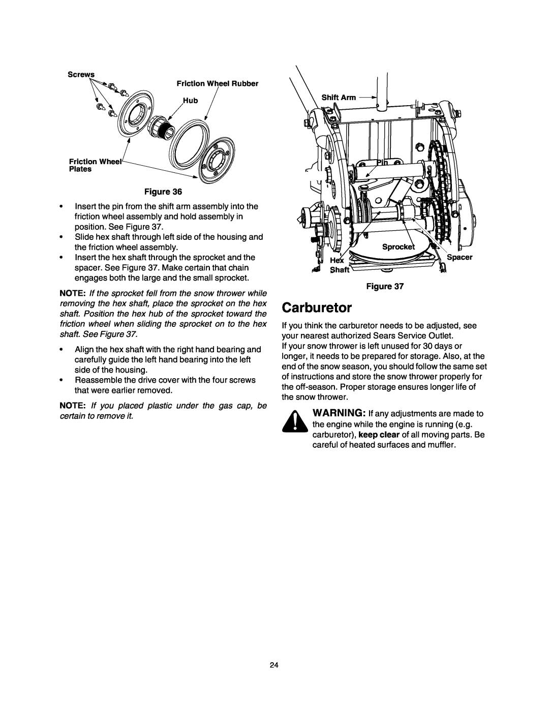 Sears 247.88853 owner manual Carburetor, NOTE If you placed plastic under the gas cap, be certain to remove it 