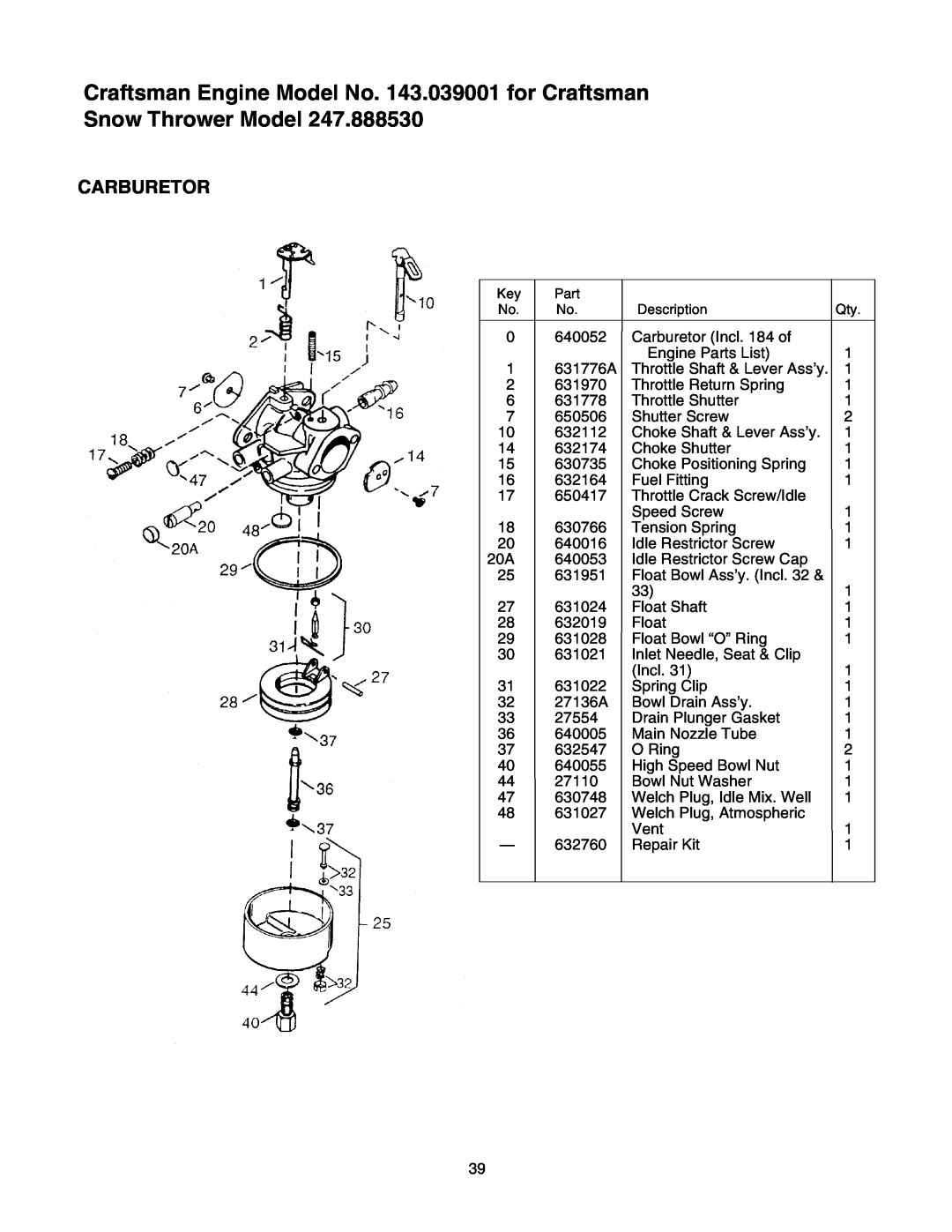 Sears 247.88853 owner manual Craftsman Engine Model No. 143.039001 for Craftsman, Snow Thrower Model, Carburetor 