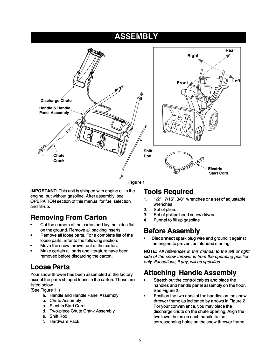Sears 247.88853 Removing From Carton, Tools Required, Before Assembly, Loose Parts, Attaching Handle Assembly 