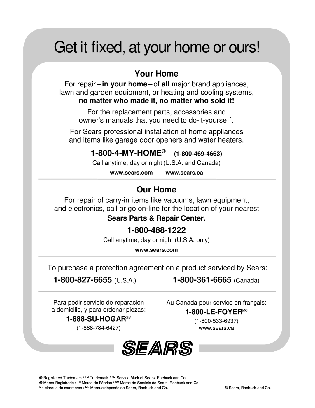 Sears 247.88853 Sears Parts & Repair Center, Su-Hogarsm, Le-Foyermc, Get it fixed, at your home or ours, Your Home 