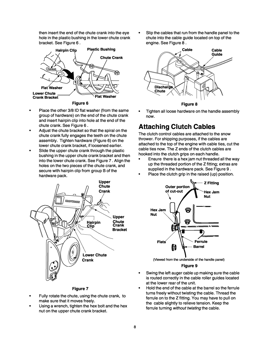 Sears 247.88853 owner manual Attaching Clutch Cables, Upper Chute Crank Upper Hairpin Chute ClipCrank Bracket Lower Chute 