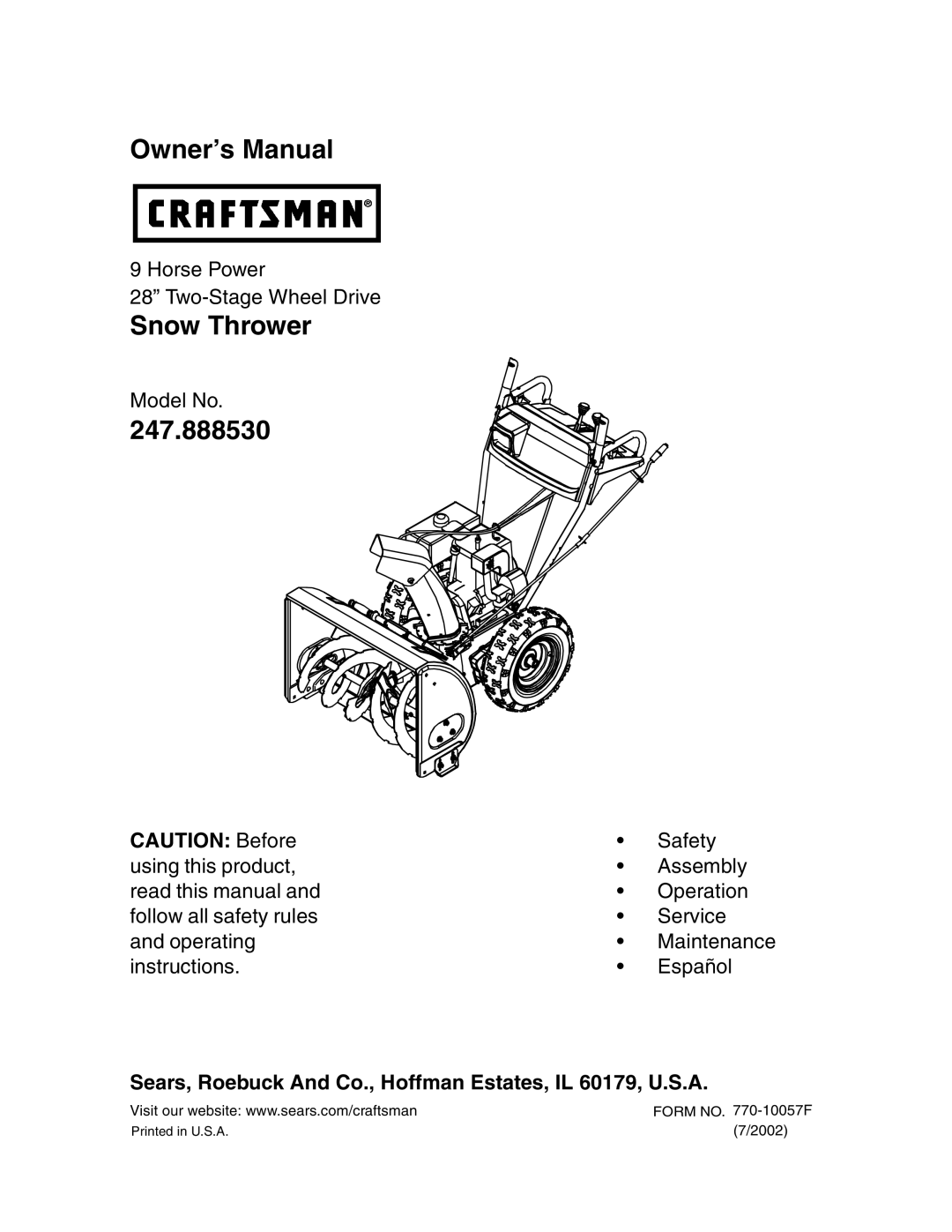 Sears 247.88853 owner manual Snow Thrower 