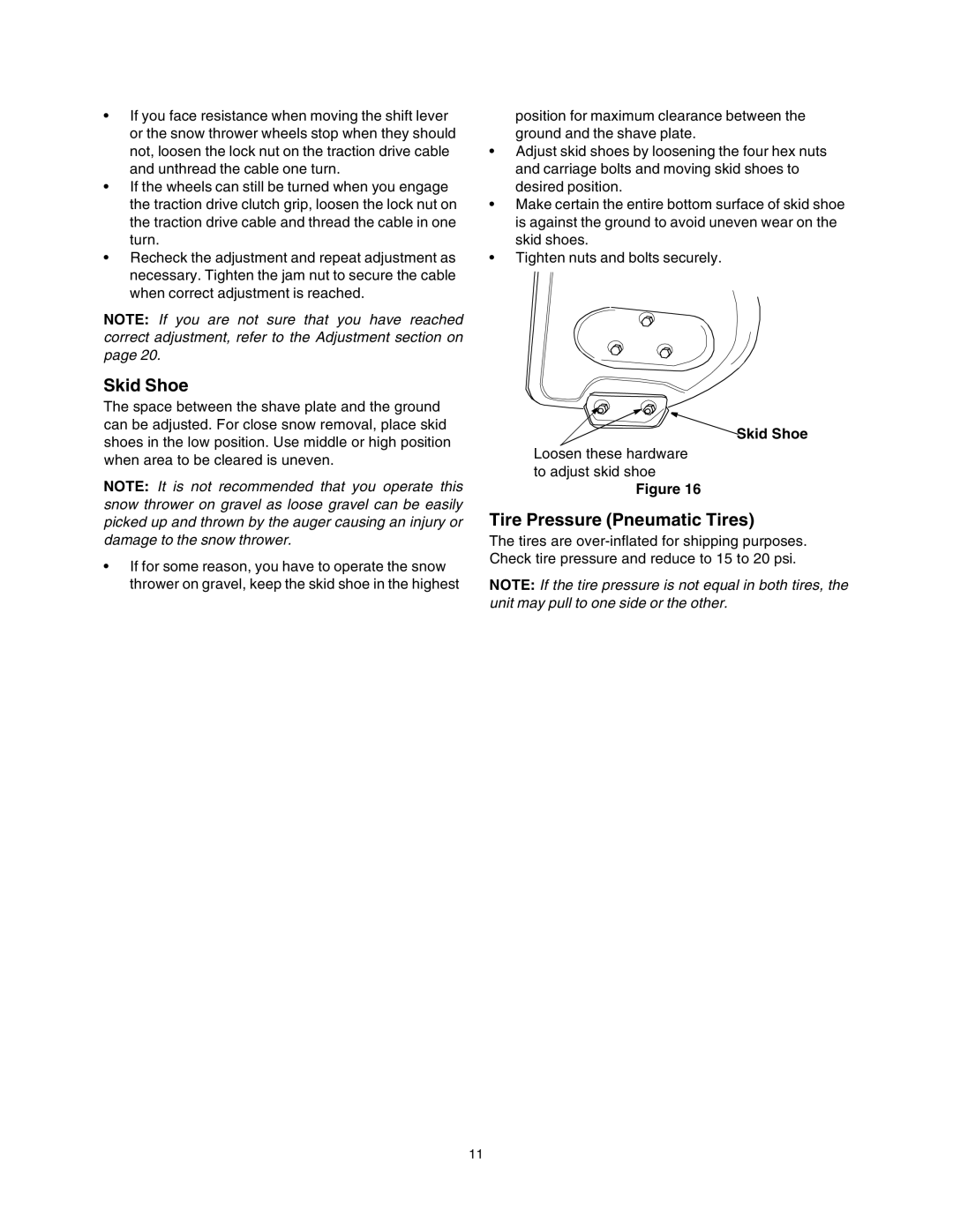 Sears 247.88853 owner manual Skid Shoe, Tire Pressure Pneumatic Tires 