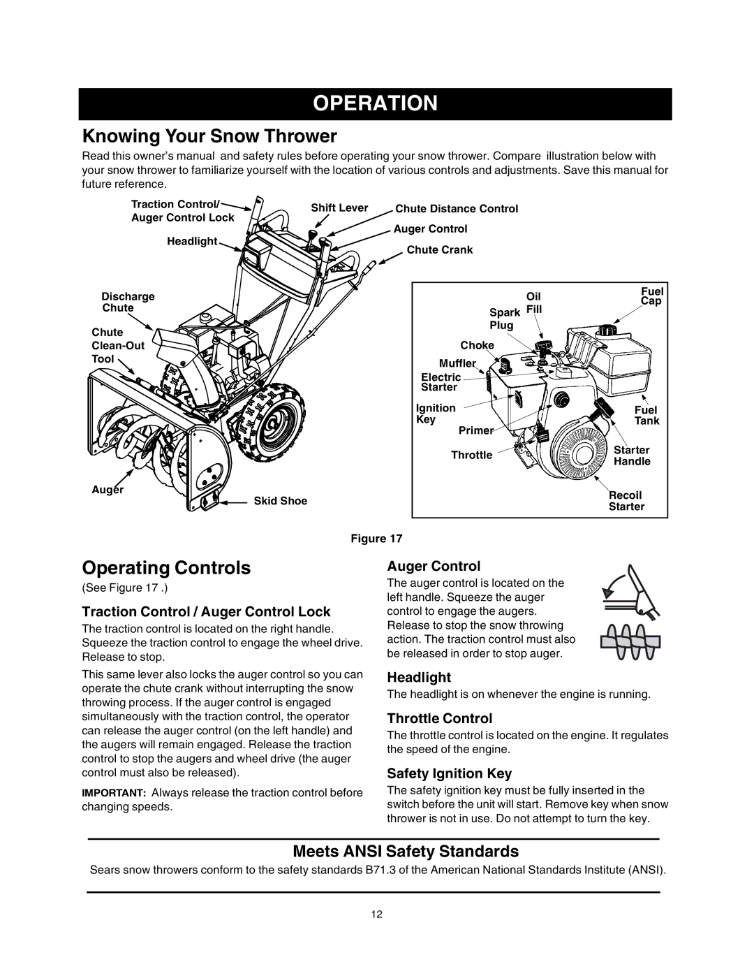 Sears 247.88853 owner manual Operation, Knowing Your Snow Thrower, Operating Controls 