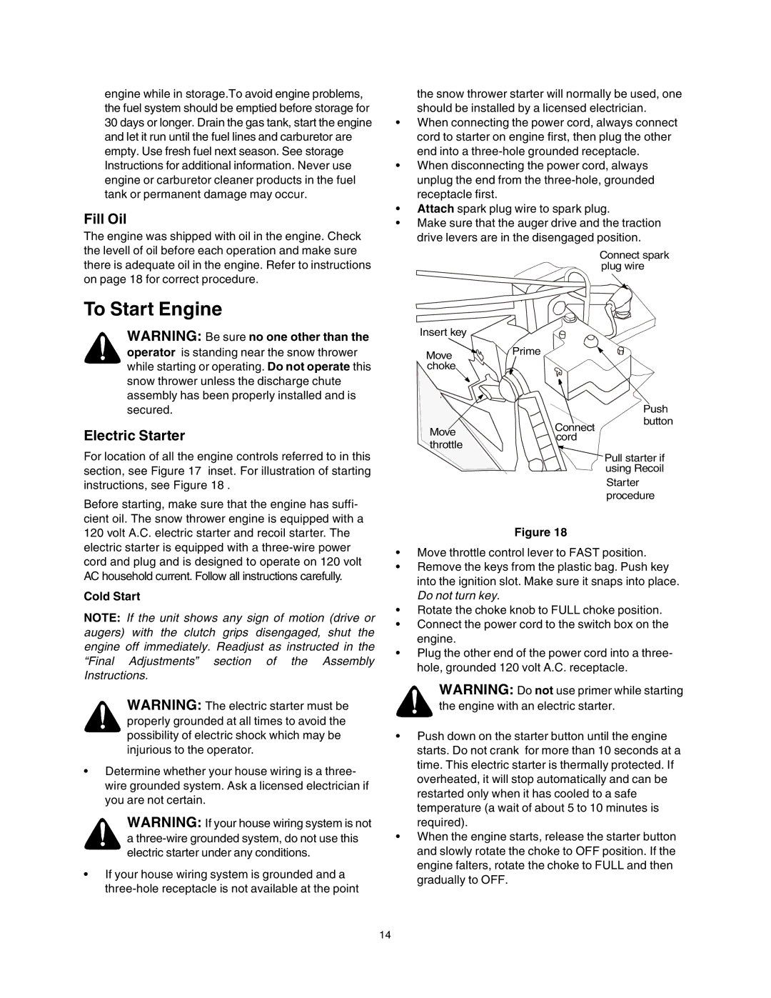 Sears 247.88853 owner manual To Start Engine, Fill Oil, Electric Starter, Cold Start 