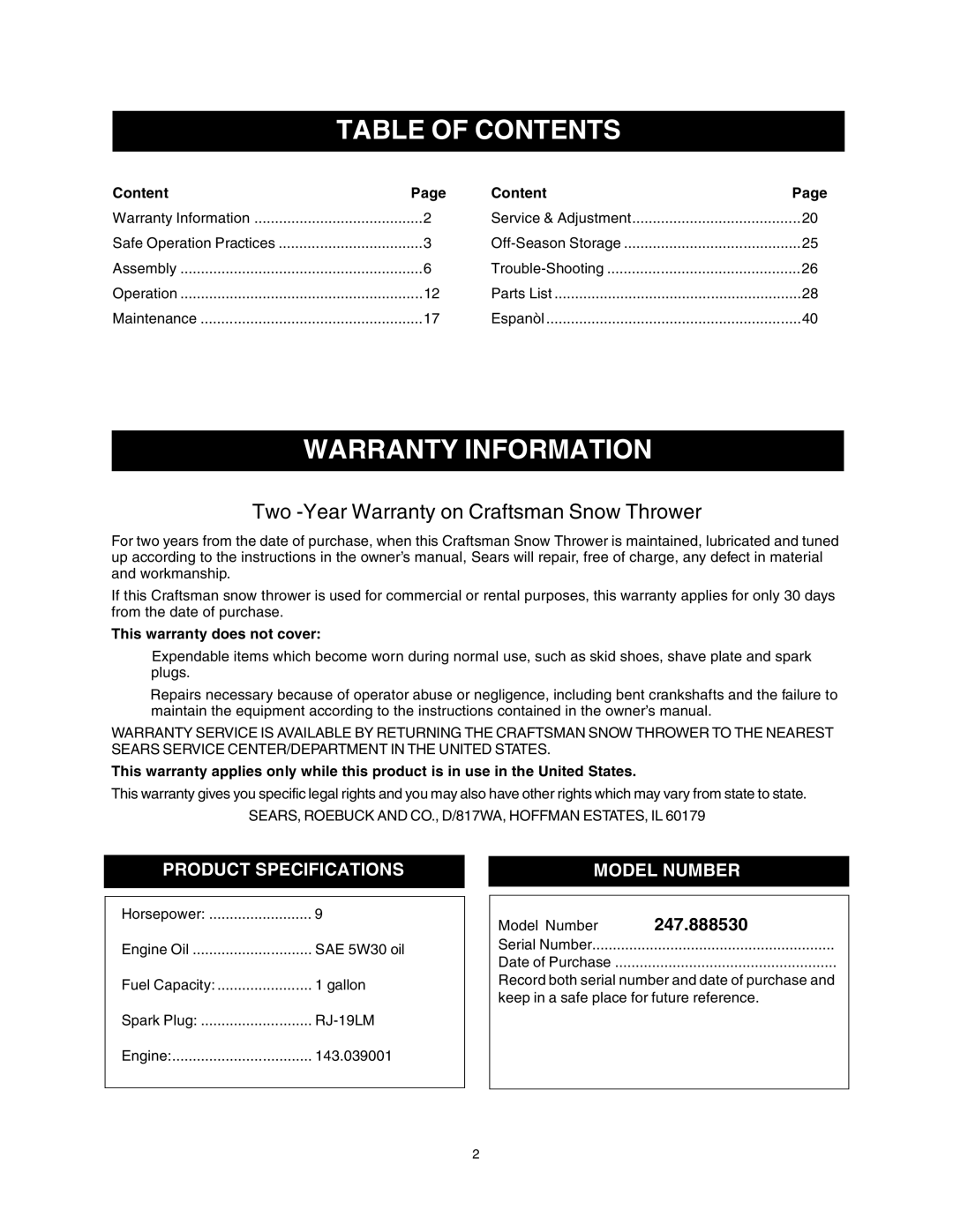 Sears 247.88853 owner manual Table of Contents, Warranty Information 