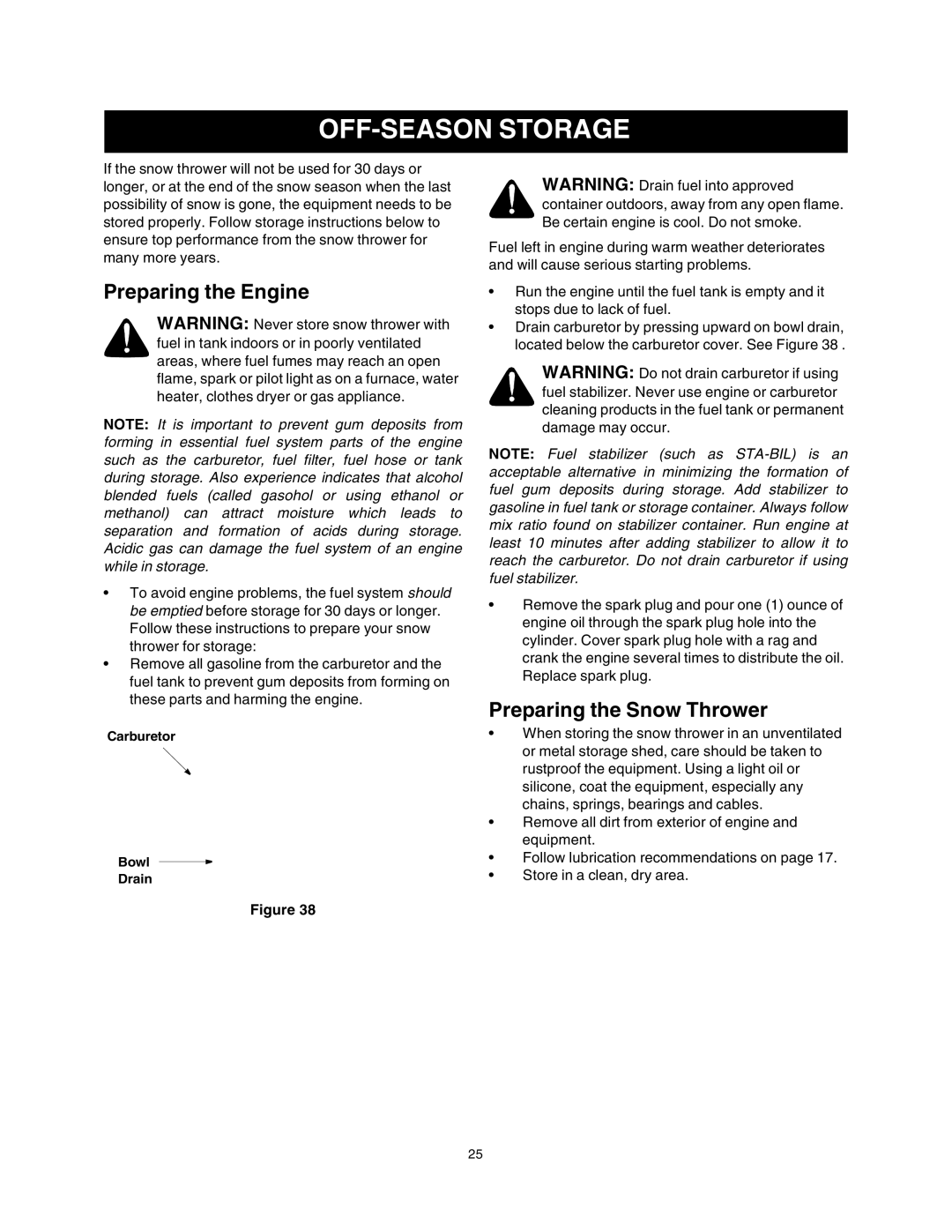 Sears 247.88853 owner manual OFF-SEASON Storage, Preparing the Engine 