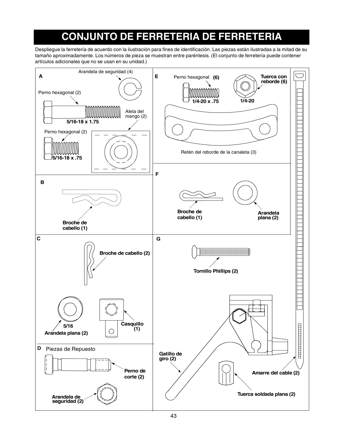 Sears 247.88853 owner manual Conjunto DE Ferreteria DE Ferreteria, 20 x, 16-18 x 