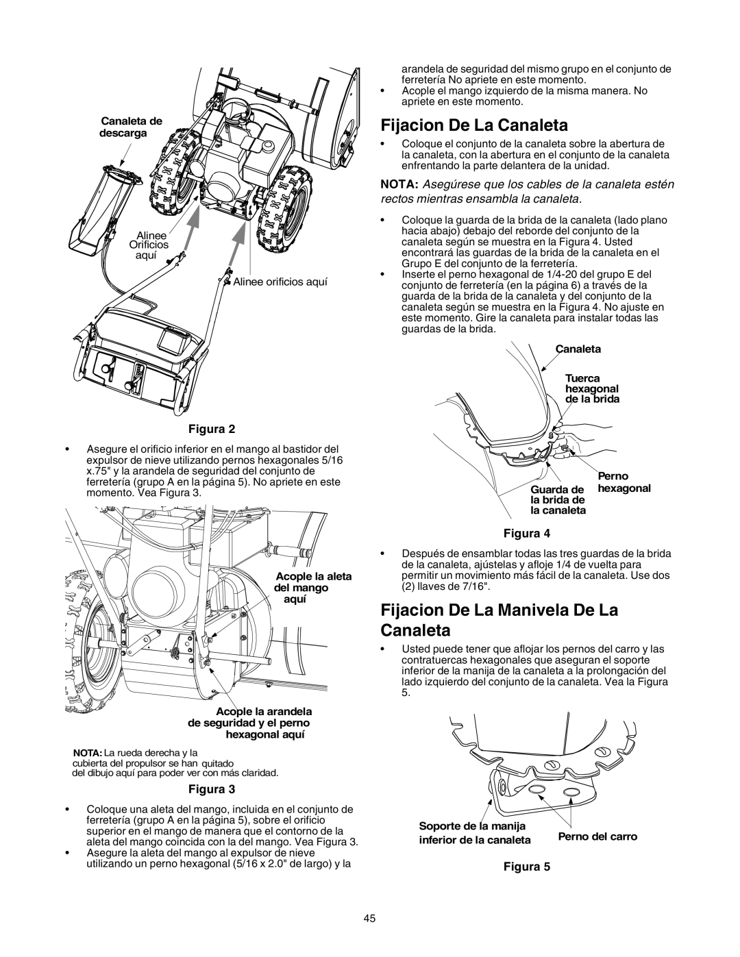 Sears 247.88853 owner manual Fijacion De La Canaleta, Fijacion De La Manivela De La Canaleta, Canaleta de descarga 