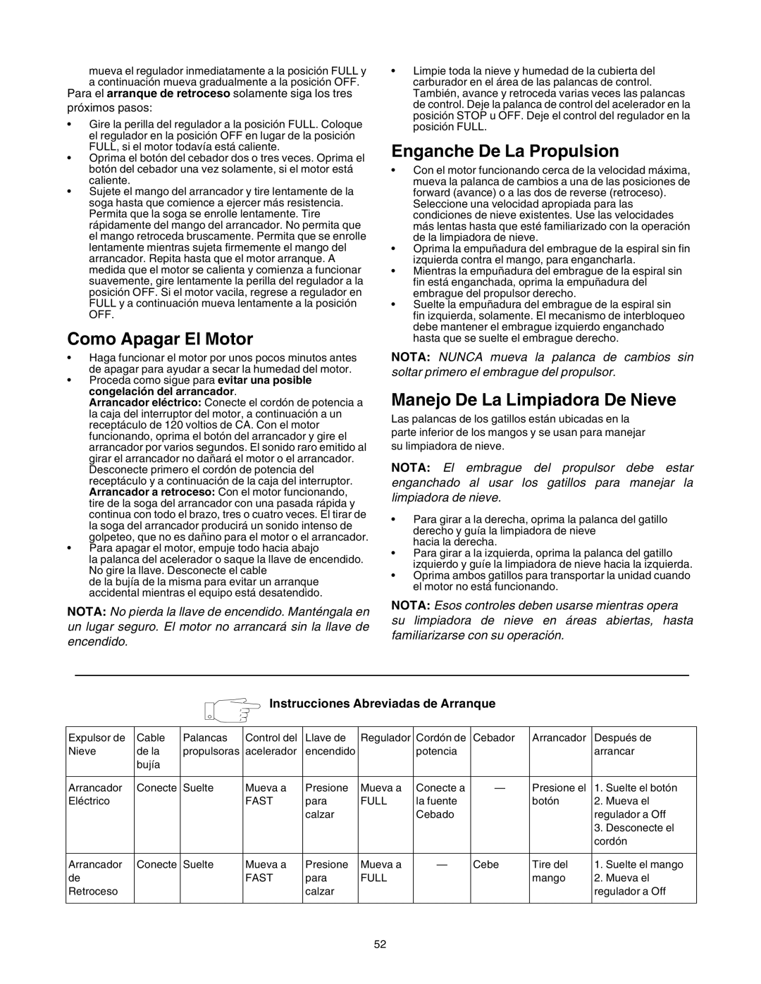 Sears 247.88853 owner manual Como Apagar El Motor, Enganche De La Propulsion, Manejo De La Limpiadora De Nieve 