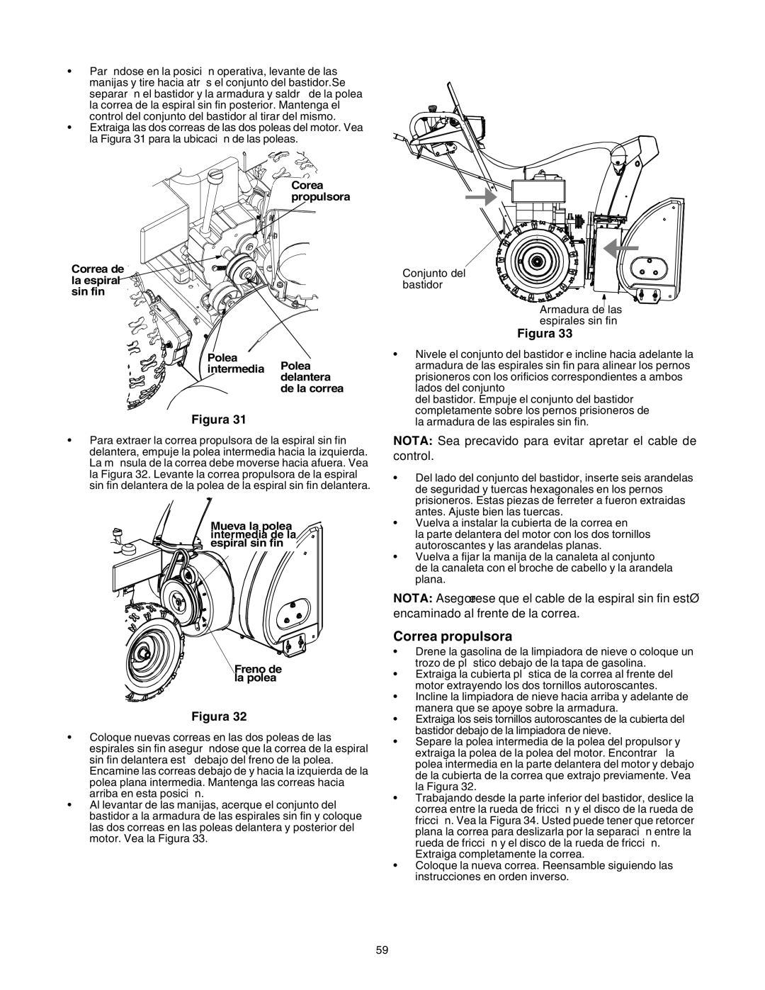 Sears 247.88853 owner manual Correa propulsora, Nota Sea precavido para evitar apretar el cable de control 