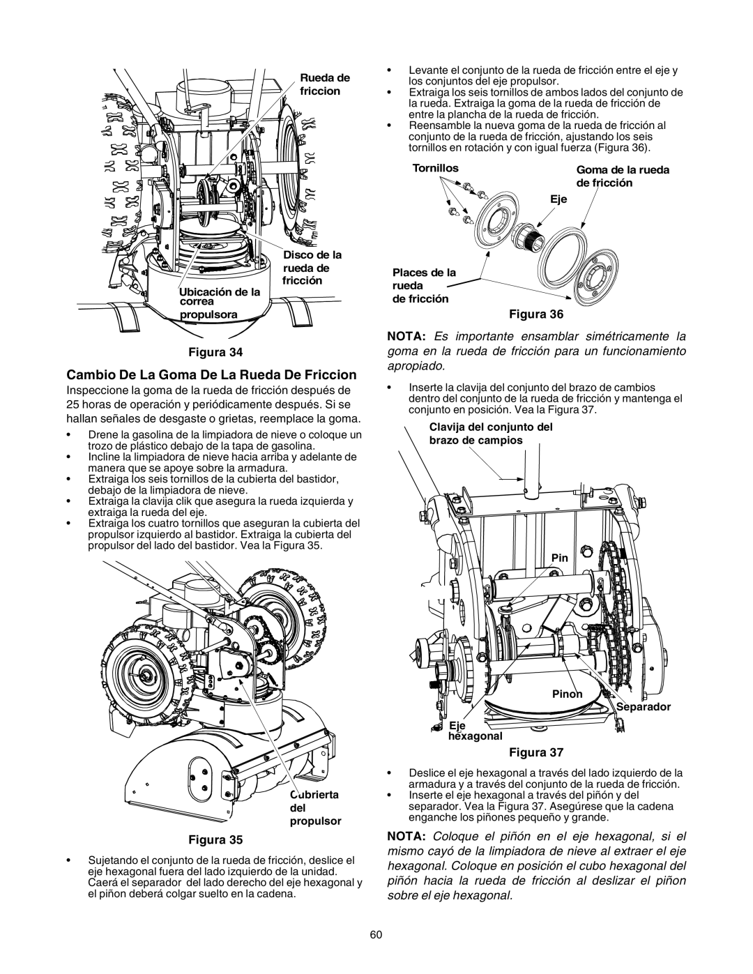 Sears 247.88853 owner manual Cambio De La Goma De La Rueda De Friccion, Cubrierta del propulsor 