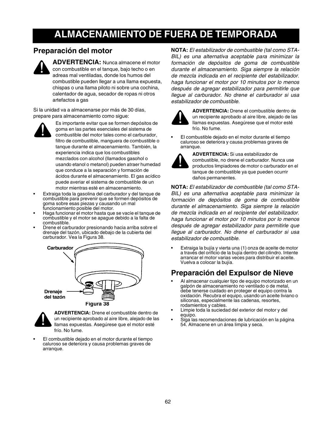 Sears 247.88853 owner manual Almacenamiento DE Fuera DE Temporada, Preparación del motor, Preparación del Expulsor de Nieve 