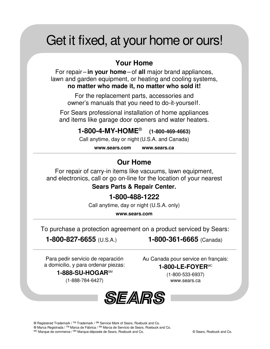 Sears 247.88853 owner manual Canada, Sears Parts & Repair Center 