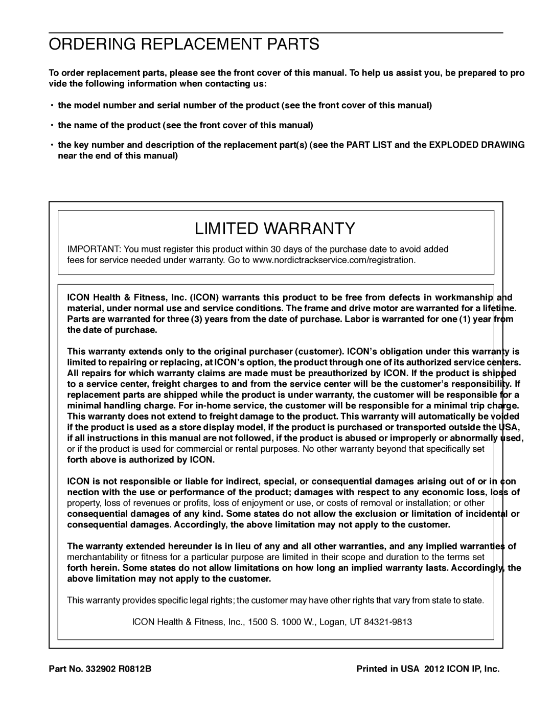 Sears 24959 user manual Ordering Replacement Parts, Limited Warranty, Icon Health & Fitness, Inc., 1500 S W., Logan, UT 