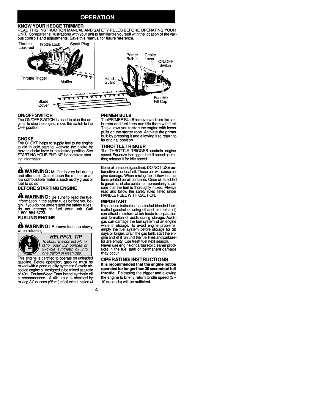 Sears 25 HHT Helpful Tip, Operating Instructions, Know Your Hedge Trimmer, On/Off Switch, Primer Bulb, Choke 