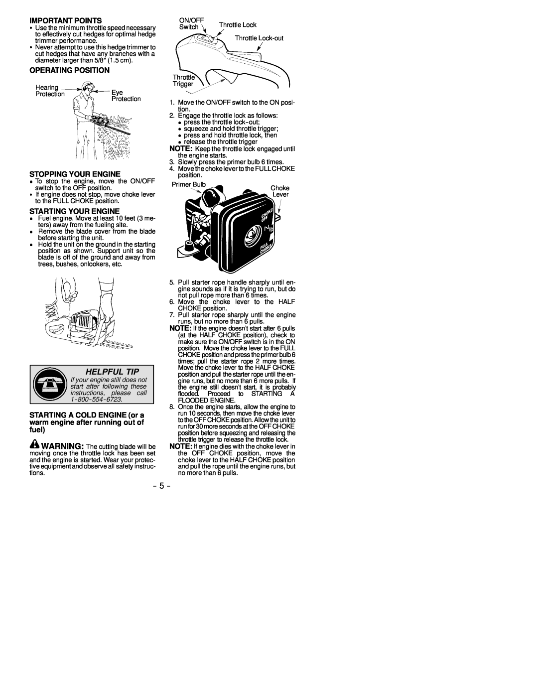 Sears 25 HHT Helpful Tip, Important Points, Operating Position, Stopping Your Engine, Starting Your Engine 