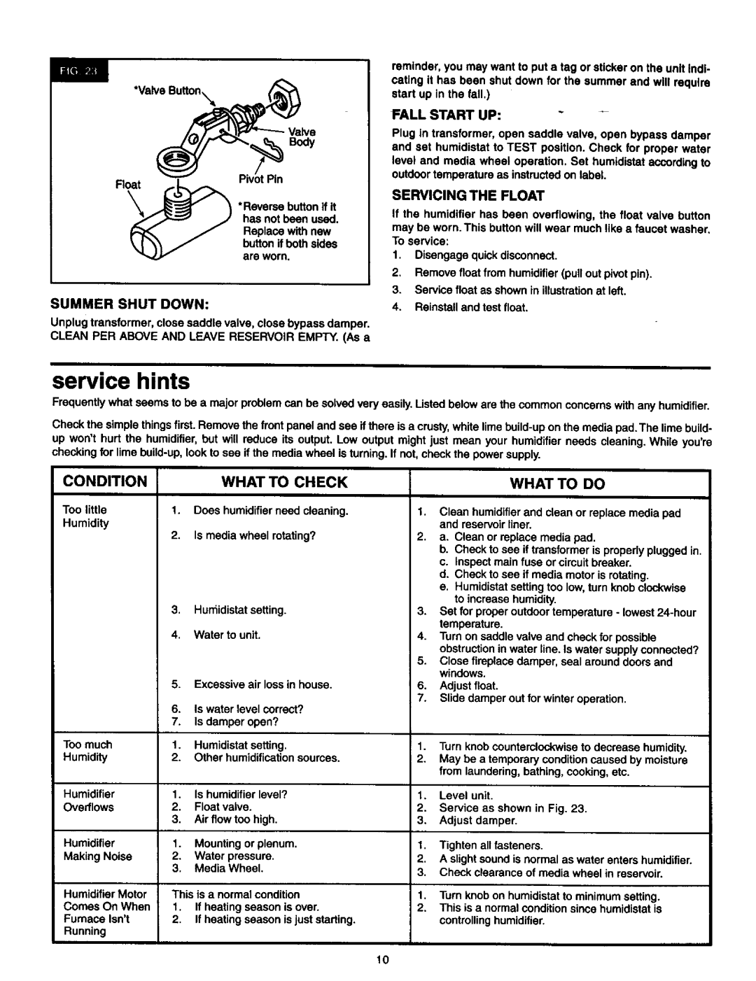 Sears 2500 manual Service hints, Body, Summer Shut Down, Fall Start UP, HumidifierMotor Comes On When Furnace Isnt Running 
