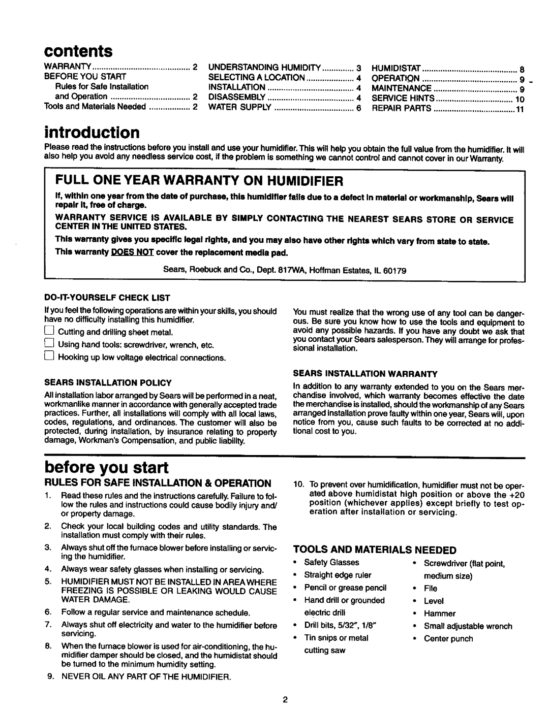 Sears 2500 manual Contents 