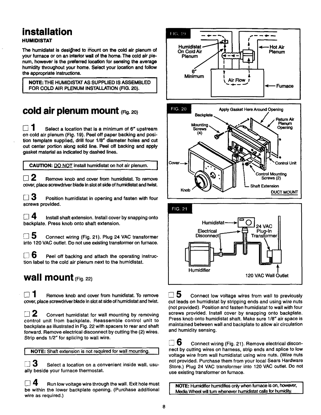 Sears 2500 manual Cold air plenum mount no20, Wall mount Fig, On ColdAir Hot Air Plenum Minimum, Humidistat, Flow Air 