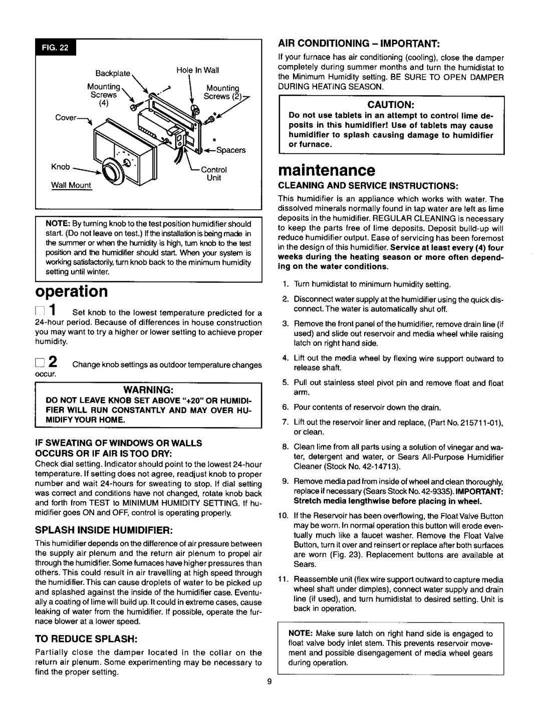 Sears 2500 manual Operation, Maintenance 