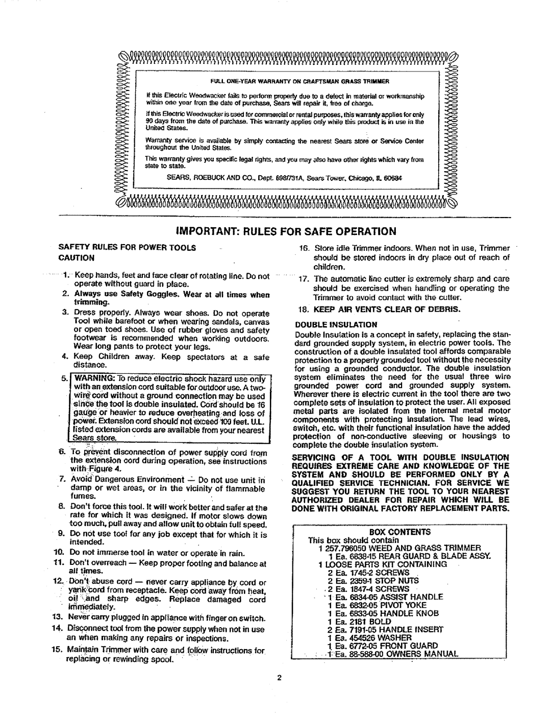 Sears 257.79605 manual Safety Rules for Power Tools, Keep AIR Vents Clear of Debris, BOX Contents, Weed and Grass Trimmer 