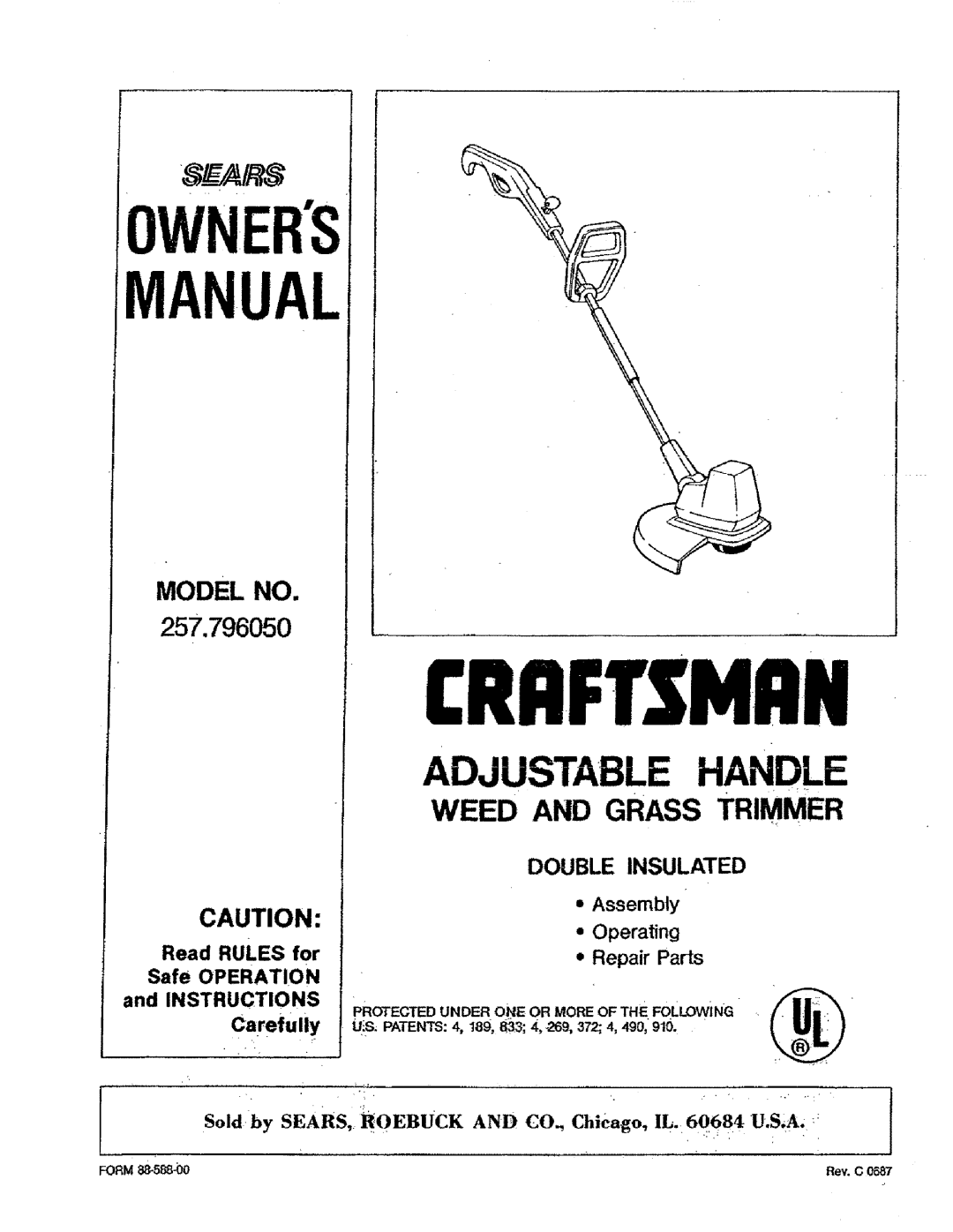 Sears manual Double Insulated, Ers Manual, Adjustable Handle, Weed And Grass Trimmer, Model No, 257.796050, Assembly 