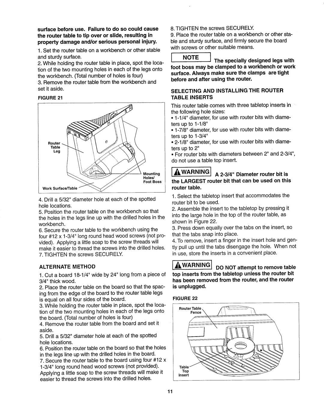 Sears 26462_0 owner manual Alternate Method, Selecting and Installing the Router Table Inserts 